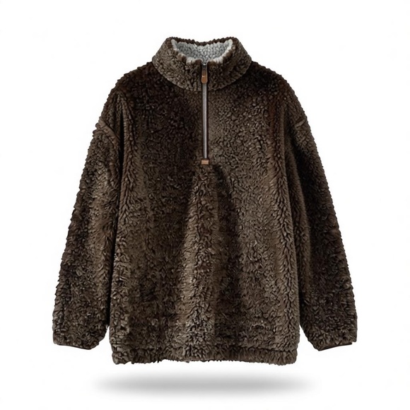 Sweaters - Brown Sherpa Quarter Zip Pullover Faux Fur Teddy Fleece Jacket Small
